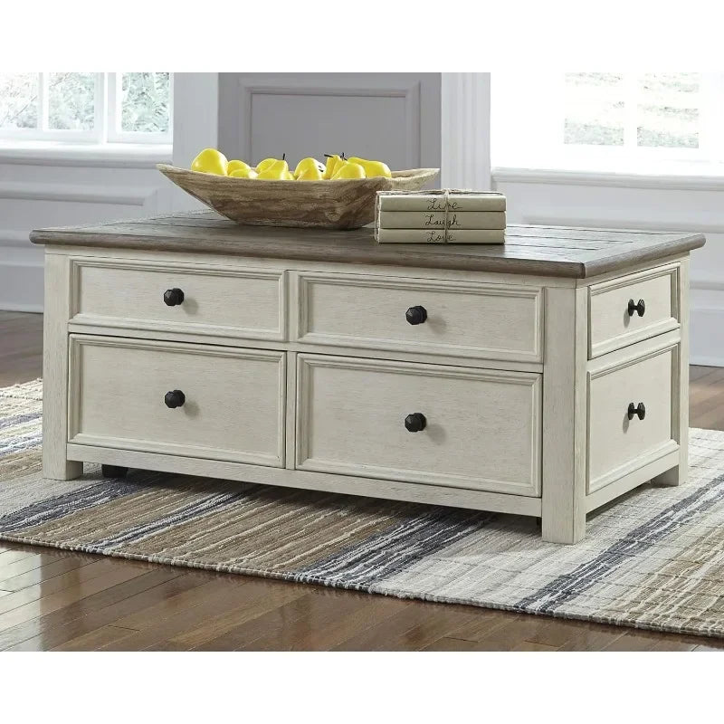 Farmhouse Spring Lift Top Coffee Table with Hidden Storage Area, 4 Smooth Gliding Drawers & Casters