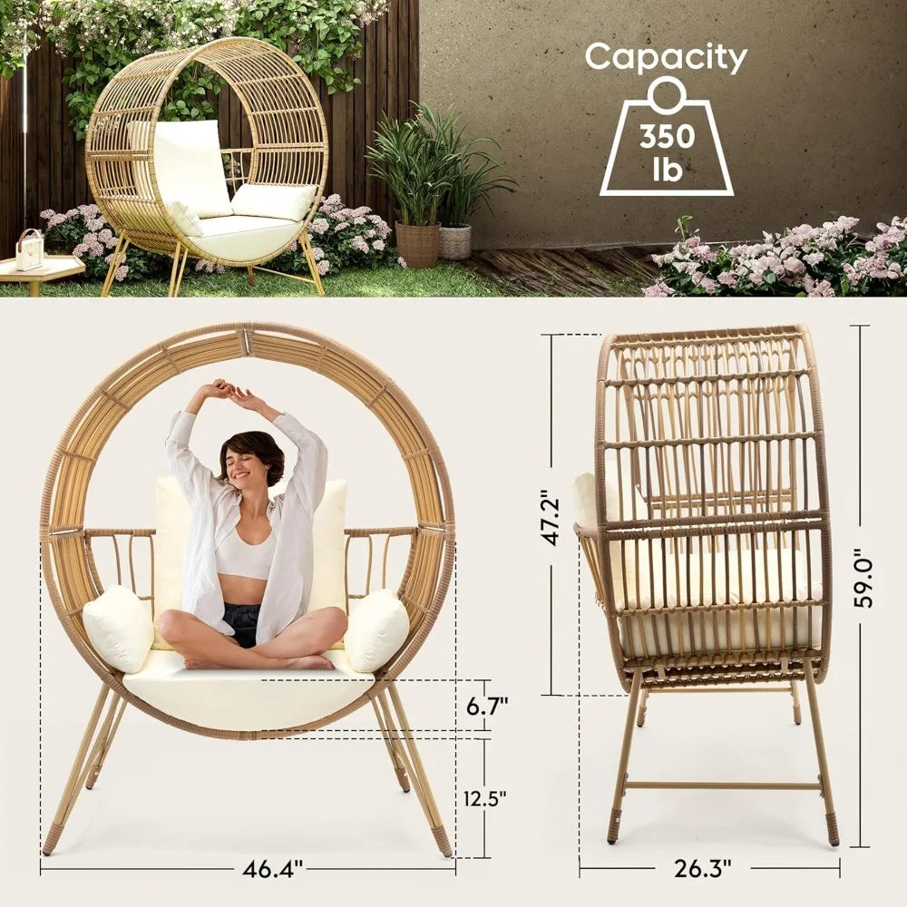 Oversized Wicker Round Egg Chair with Stand, Steel Frame, 6.69'' Fast Rebound Foam Cushions, For Indoors or Outdoors