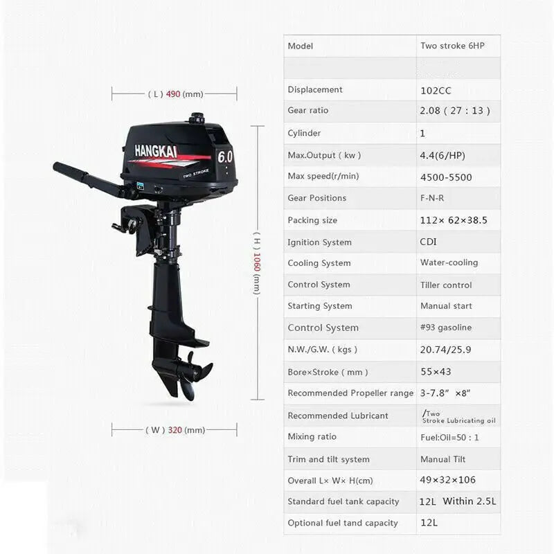 Outboard Boat Motor with Water Cooling, 6hp 2-Stroke, Low Noise