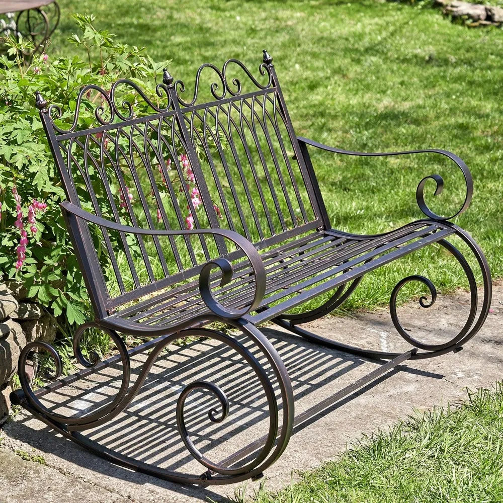 Indoor or Outdoor Metal Rocking Bench with Arm Rests & Curved Seat, 7 Coats of Paint to Create a Multi-Tone Distressed Bronze Finish