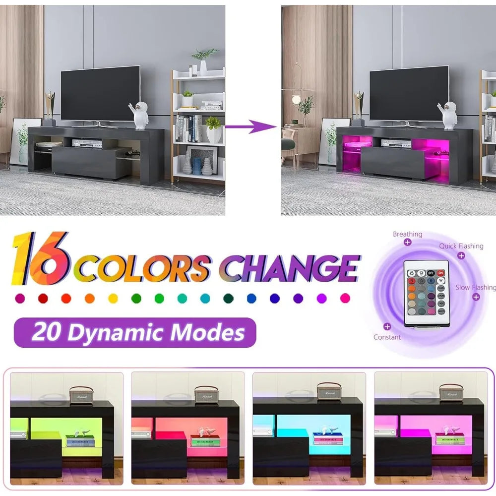 Modern Entertainment Center TV Stand with Storage Drawer, Tempered Glass Shelves, 16 LED Light Colors & 4 Light Changing Modes