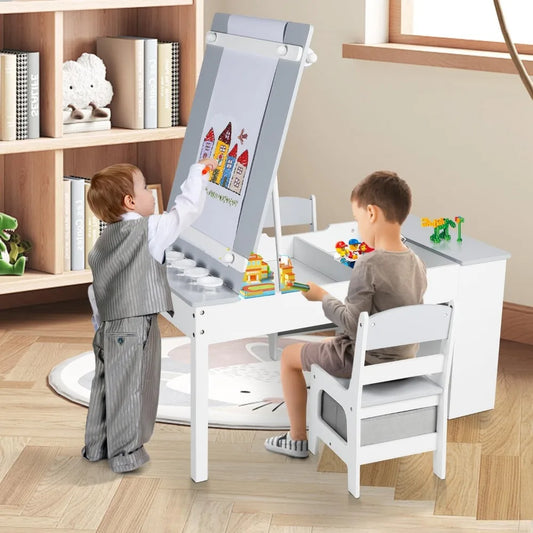 3 in 1 Kids Art Table & Easel Chair Set, Wood Children Activity Table with 6 Storage Bins, 6 Paint Cups & 2 Chairs with Storage Drawers