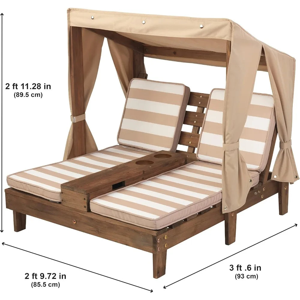 Kid's Outdoor Side-by-Side Lounge Chair with 3-Sided Awning, Hidden Storage & Cup Holders