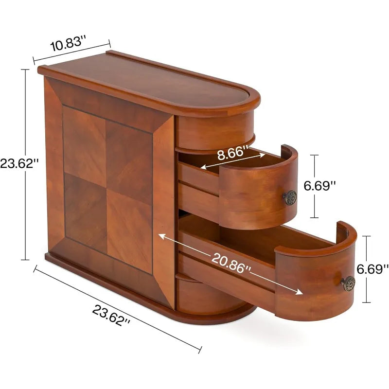 Narrow Solid End Table with 2-Drawers & Natural Wood Grain Patterns, Arc Design Rectangular Side Table