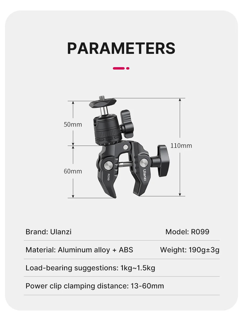 Quick Release Super Clamp with 360° Mini Ball-Head, 1/4" Stud Mount for Cameras, One-Piece Design & User Friendly