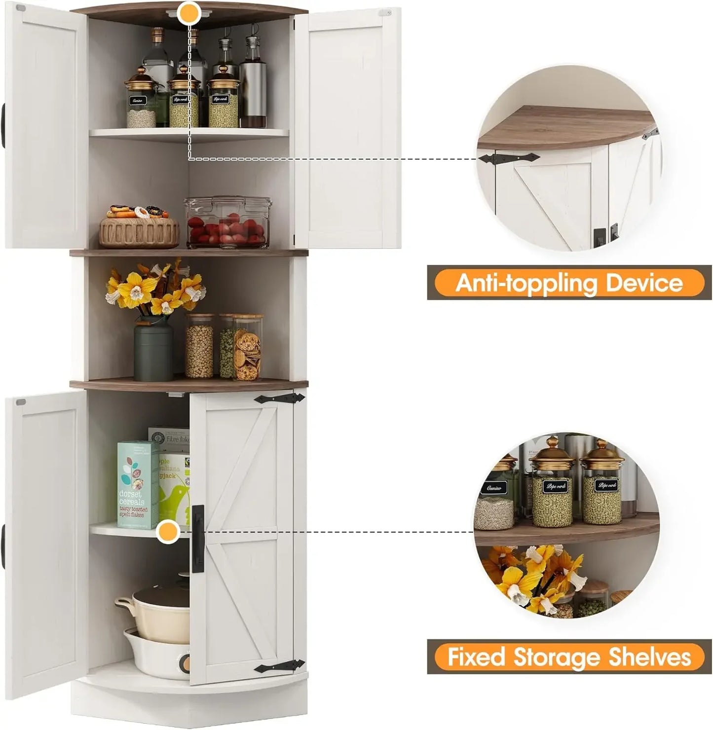 Space Saver Corner Cabinet with Right-Angle Design, 2 Enclosed Cupboards with 4 Barn Style Doors & Open Storage Shelf