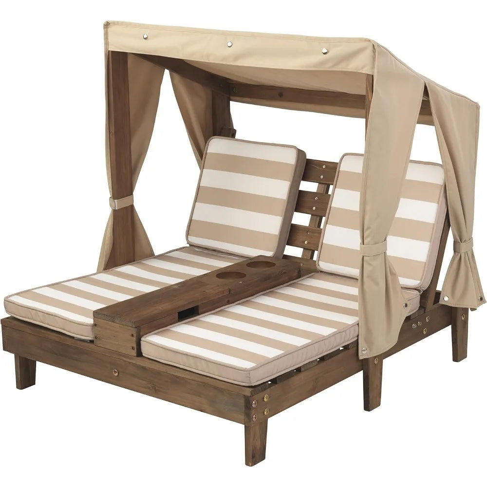 Kid's Outdoor Side-by-Side Lounge Chair with 3-Sided Awning, Hidden Storage & Cup Holders