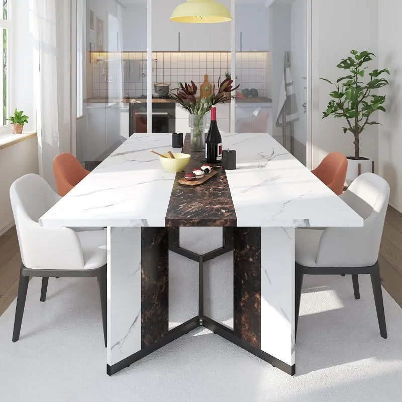 Rectangular 71" Dining Table for 4-8 People with Marble-Like Texture Tabletop, Adjustable V-Shaped Legs & Reinforced Crossbars for Stability