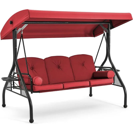 Adjustable Canopy Porch Swing with Heavy Springs & Thick Seat Cushions, Turns into a Flat Bed with the Drop-Down Backrest