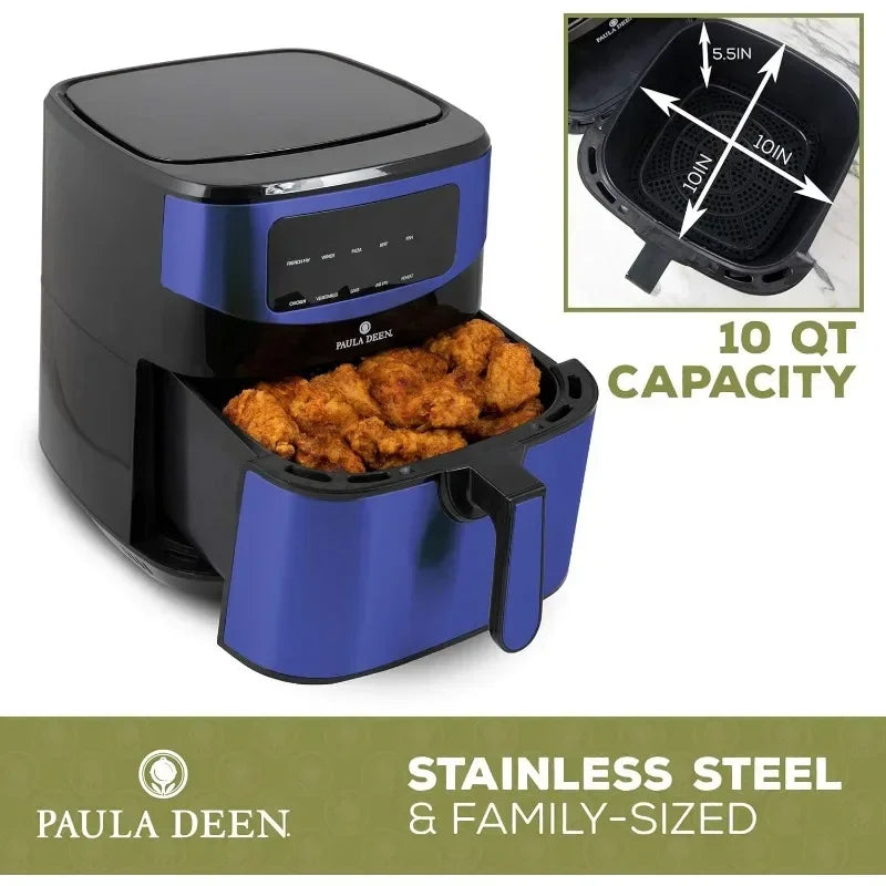 Digital Stainless Steel Air Fryer 10qt with LED Display, 10 Preset Cooking Functions, Ceramic Non-Stick Coating