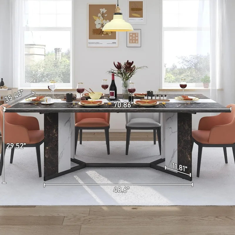 Rectangular 71" Dining Table for 4-8 People with Marble-Like Texture Tabletop, Adjustable V-Shaped Legs & Reinforced Crossbars for Stability