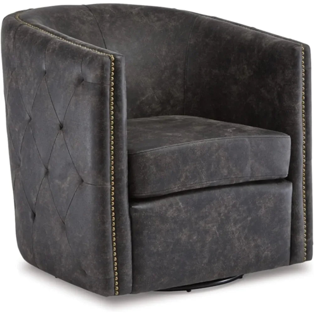 Distressed Black Tufted Barrel Back Swivel Chair with Brass-Tone Nail Head Accents