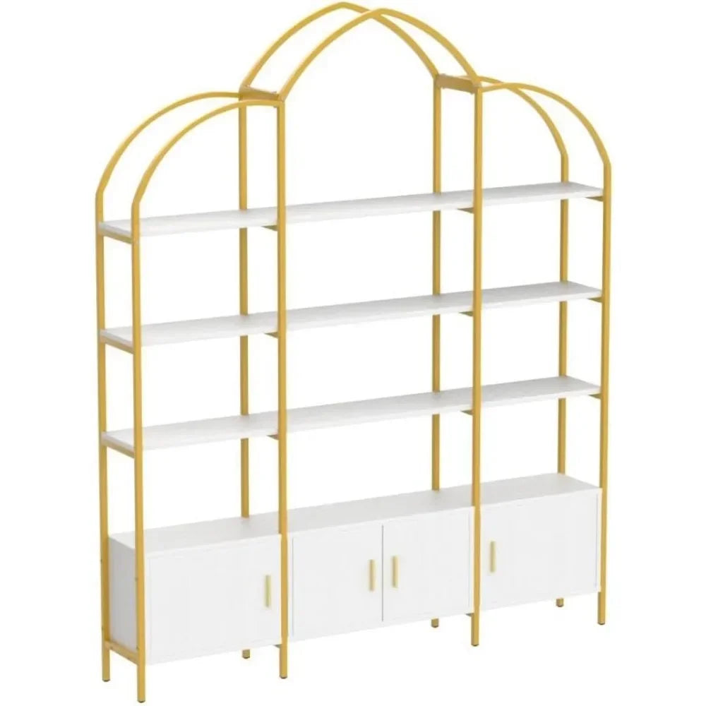 Arched Triple Wide 4-Tier Large Open Bookshelf with 3 Door Enclosed Cabinets, Crafted from Heavy Duty Black or Gold Finished Steel