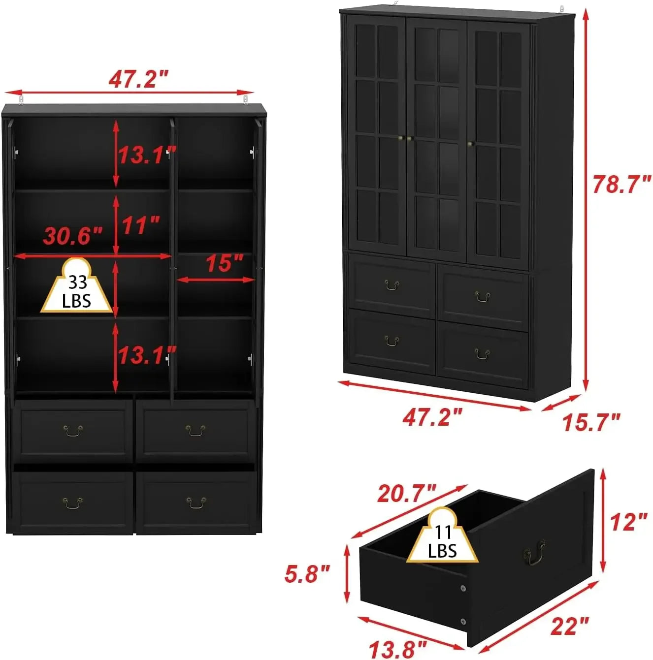 Display Cabinet Bookshelf 78.7' Tall with 8-Tier Shelves, 4 Drawers with Sliders & 3 Framed Glass Doors