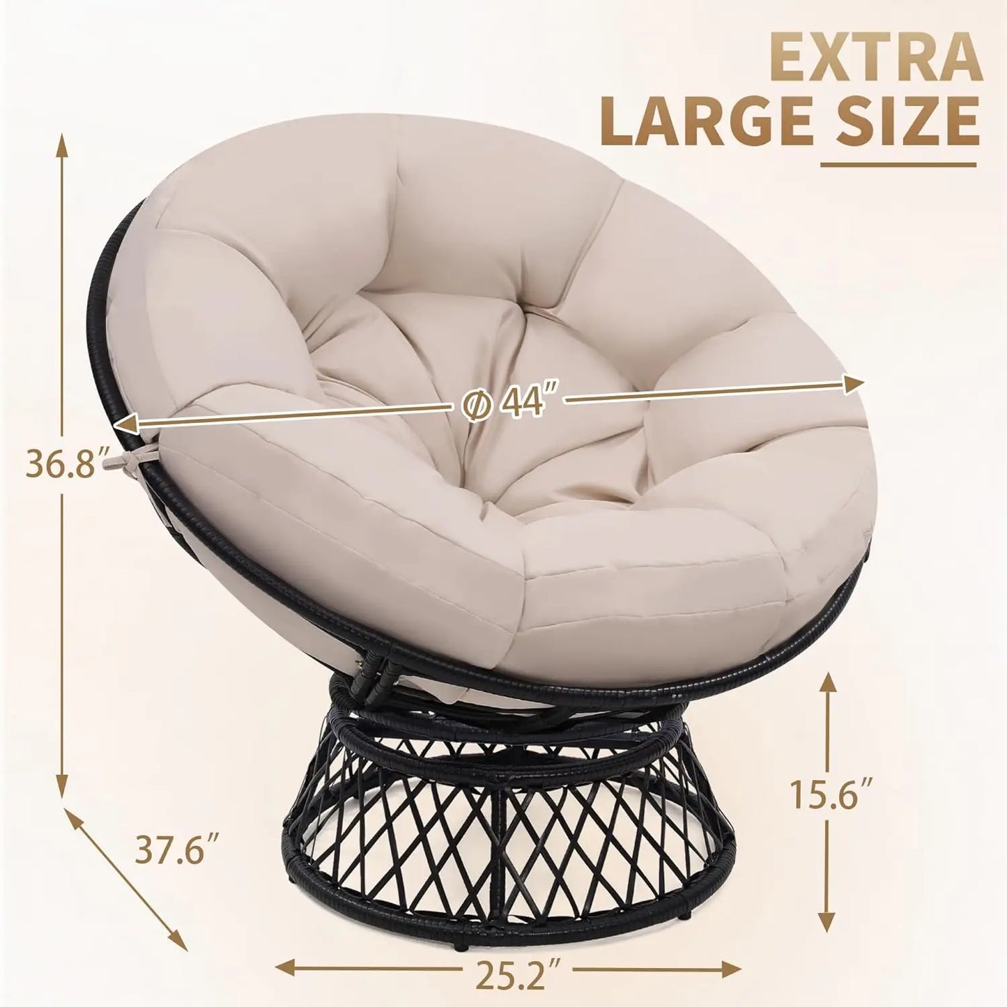 44" Extra Large Rattan Papasan Chair with 7" Thick Beige Cushion, Black Powder Coated Steel Frame, 360° Rotation Swivel & Adjustable Feet