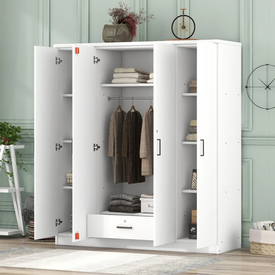 Wardrobe Cabinet Closet with 3 Doors, 2 Storage Drawers, Shelves & Hanging Rail for Clothes