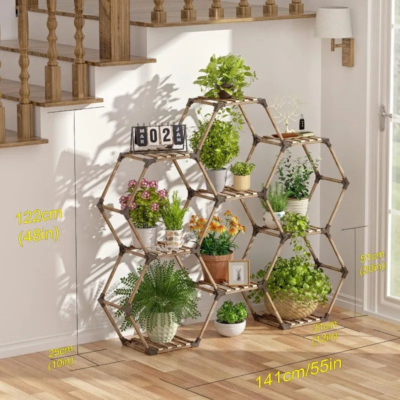 Indoor or Outdoor Hexagonal Plant Stand, 100% Natural Wood, 9,11 & 13 Tiers