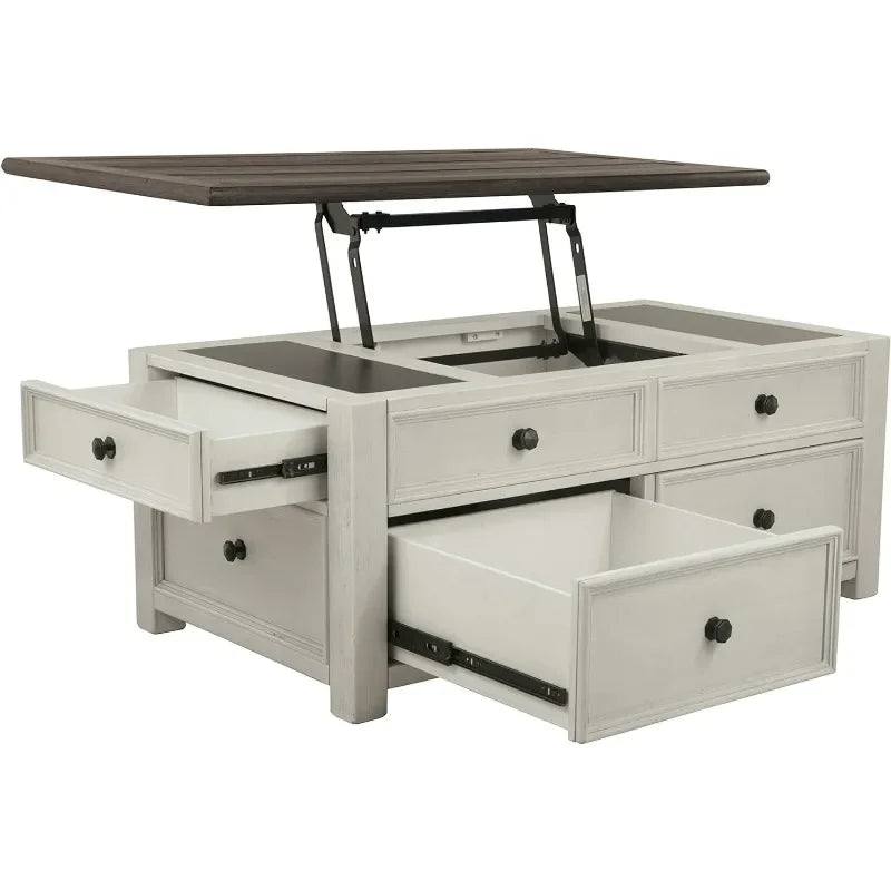 Farmhouse Spring Lift Top Coffee Table with Hidden Storage Area, 4 Smooth Gliding Drawers & Casters