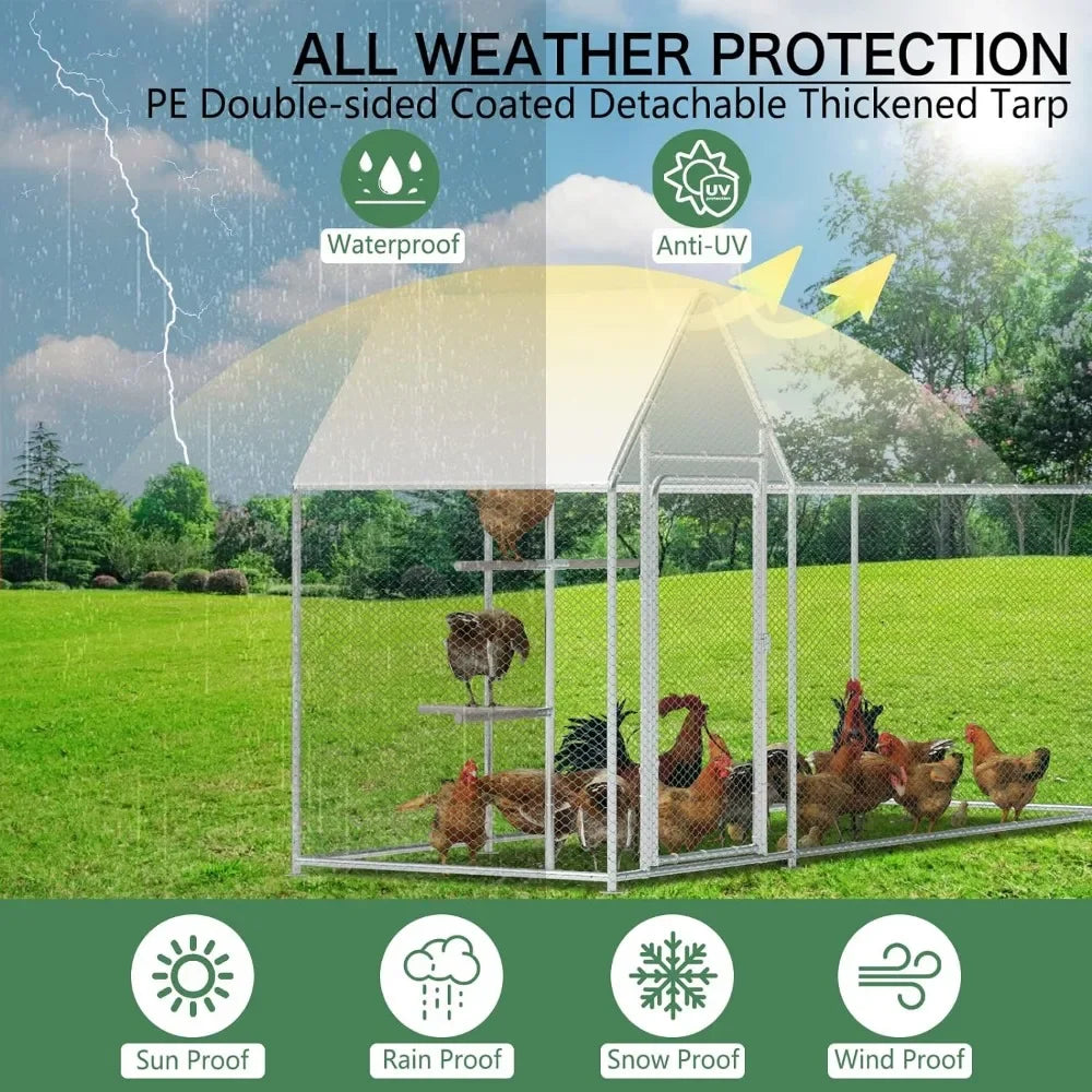 PVC Coated Metal Wire Fence Enclosure for Chickens with Waterproof Cover, Walk in Poultry Cage with Chicken Run House