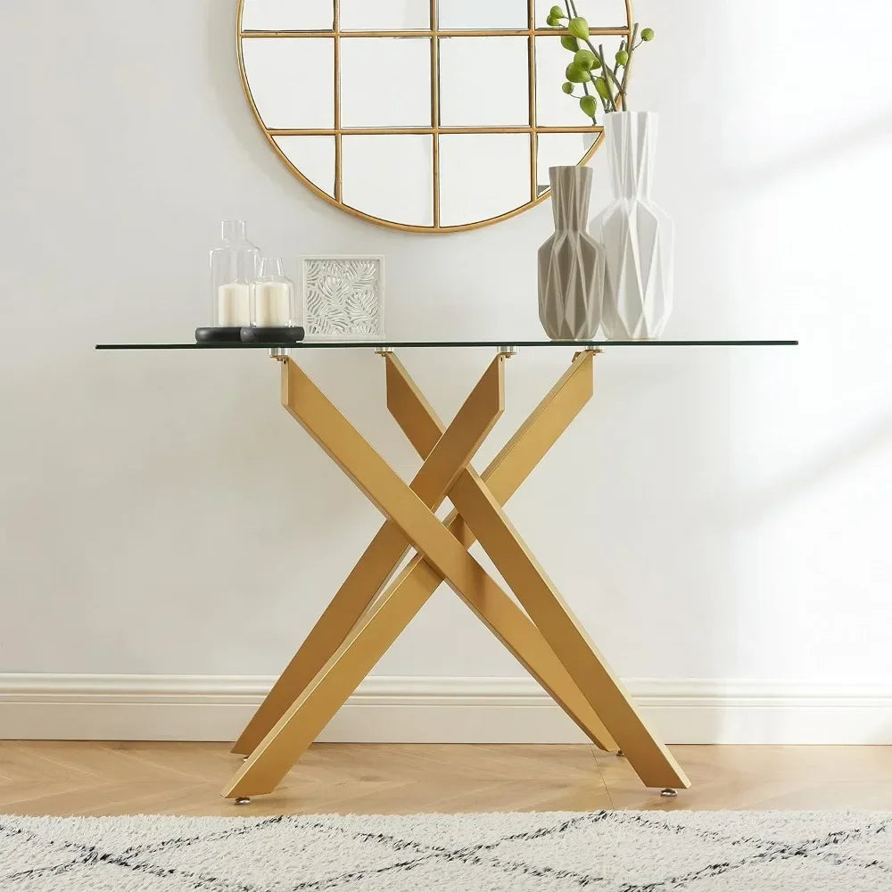 Geometric Design Narrow Sofa Table with 8mm Thick Tempered Glass Top & Metal Tubular Legs