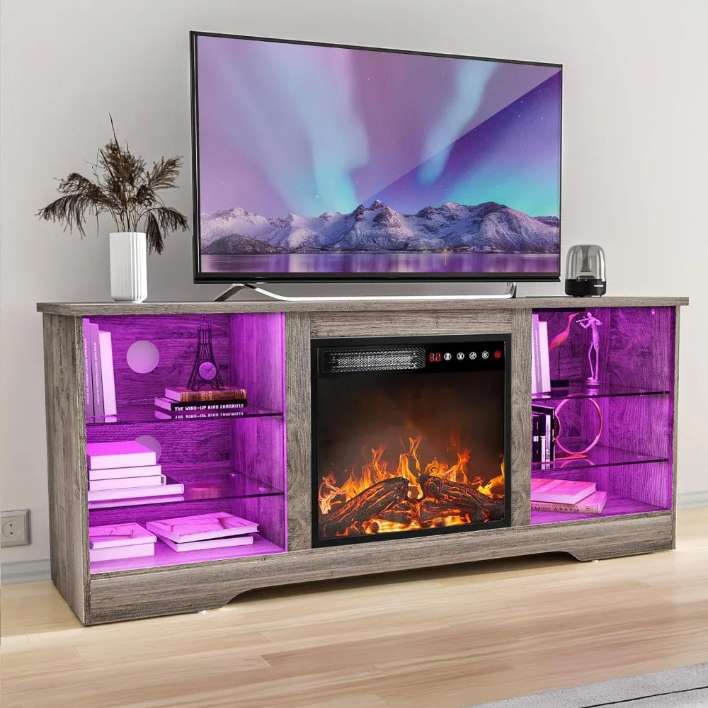 Fireplace TV Stand with 5 Flame Settings, 16 Color LED Lights, 2 Glass Door Cabinets with 2 Adjustable Shelves, Modern Entertainment Center