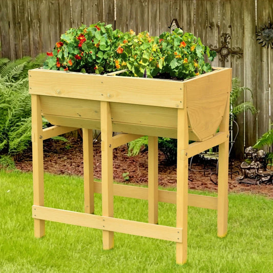 Raised Bed Wooden Planter with Liner, Bed is Divided into Two Parts, Suitable for Growing Flowers, Plants or Vegetables