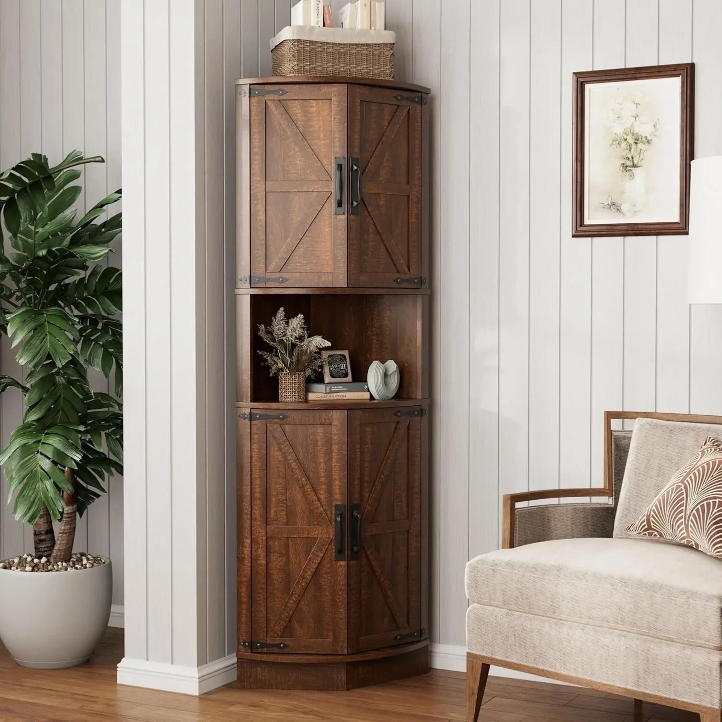 Space Saver Corner Cabinet with Right-Angle Design, 2 Enclosed Cupboards with 4 Barn Style Doors & Open Storage Shelf