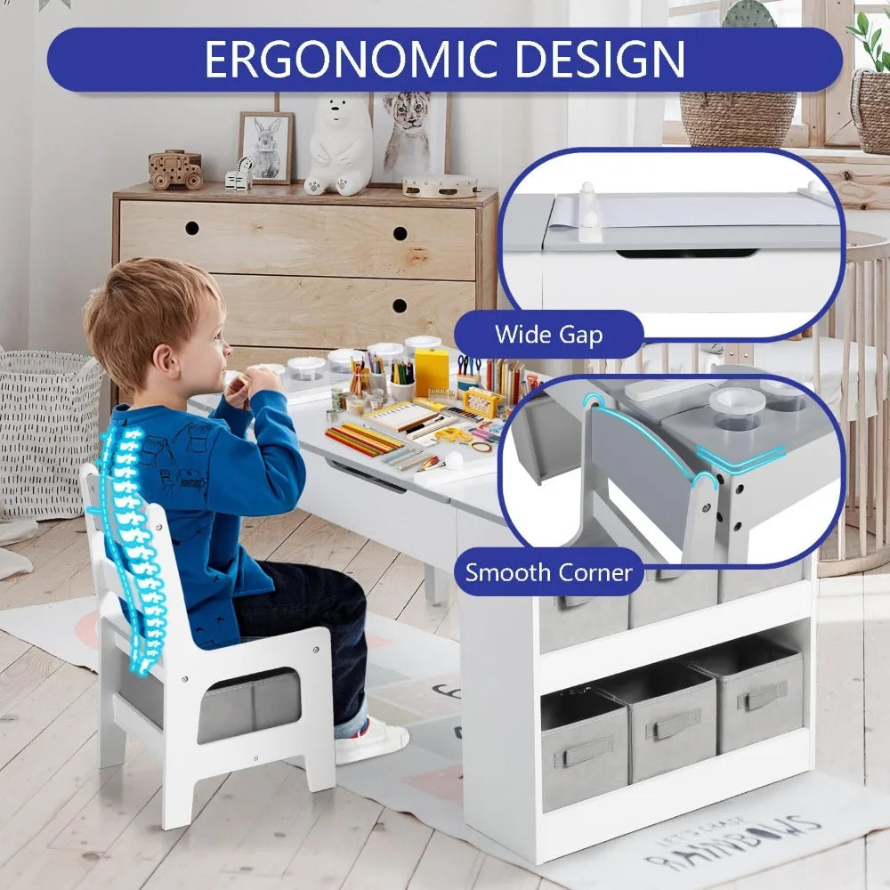 3 in 1 Kids Art Table & Easel Chair Set, Wood Children Activity Table with 6 Storage Bins, 6 Paint Cups & 2 Chairs with Storage Drawers