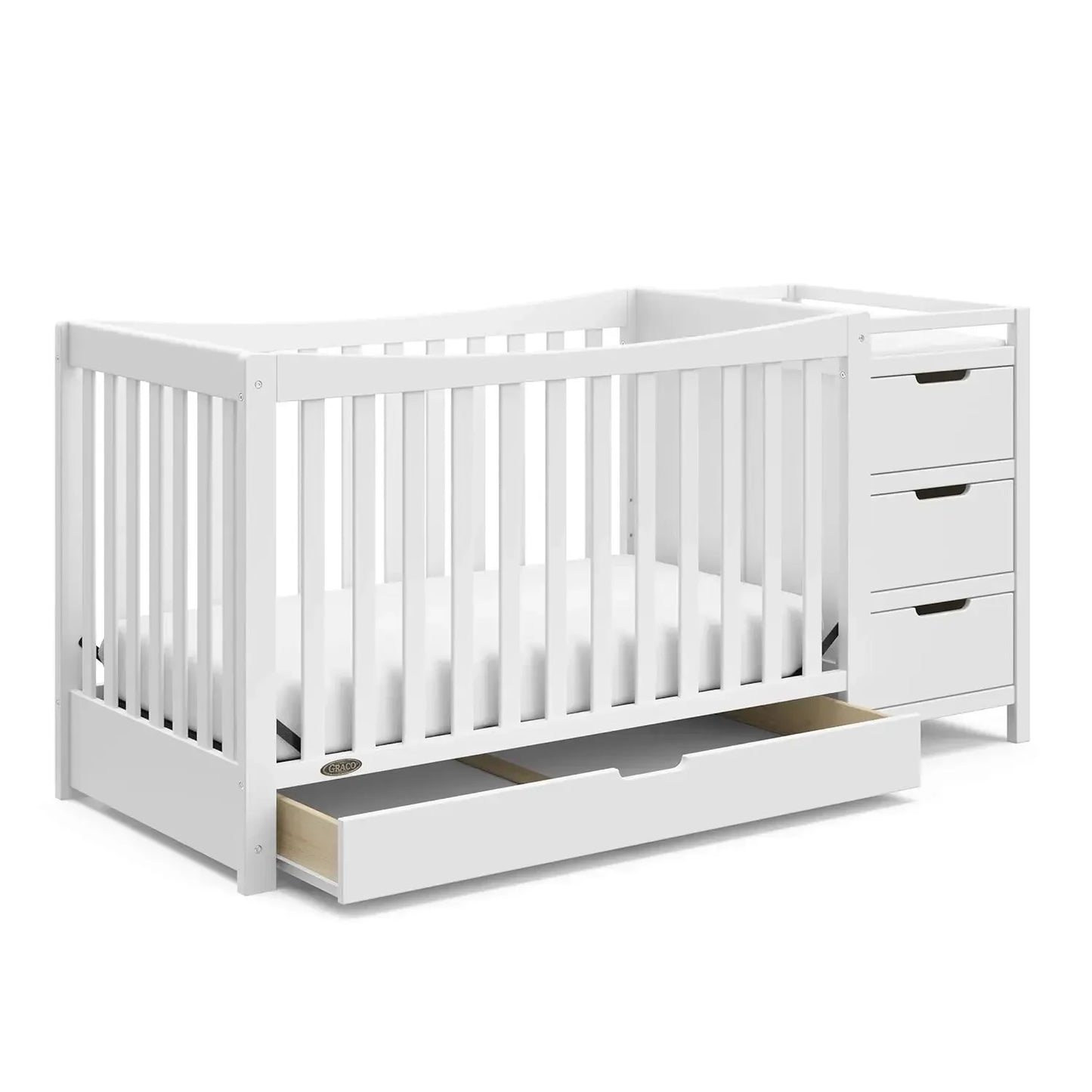 Convertible Crib & Changing Table 4-In-1 with Full-Size Bottom Drawer, 3 Enclosed Storage Drawers & 2 Open Shelves