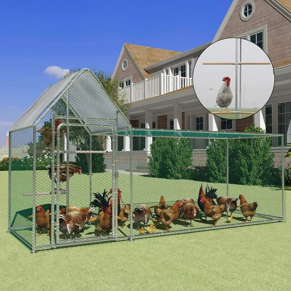 PVC Coated Metal Wire Fence Enclosure for Chickens with Waterproof Cover, Walk in Poultry Cage with Chicken Run House