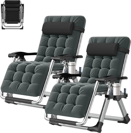 Zero Gravity Lounger Chair 2-Pack with Removable Cushion, Headrest & Cup Holder, Reclining / Foldable Chair for Indoors or Outdoors