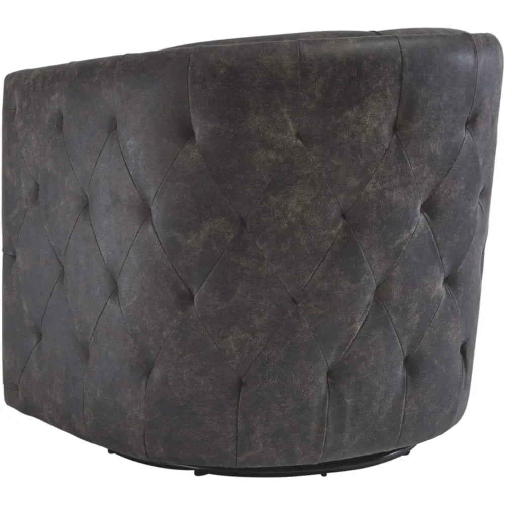 Distressed Black Tufted Barrel Back Swivel Chair with Brass-Tone Nail Head Accents