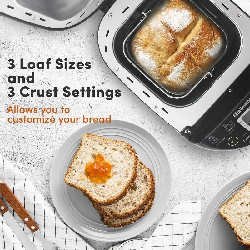 Bread Maker Machine, 19 Programmable Menus, 15 Hour Delay Timer, 60 Minute Keep Warm Function, 3 Loaf Sizes & 3 Crust Settings