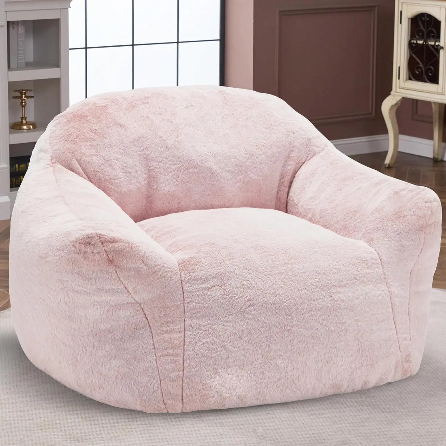 Beanbag Sofa Chair with Big Armrests & Ergonomic Thick Backrest, Soft Faux Fur Cover, High-Density Foam & Non-Slip Bottom Fabric