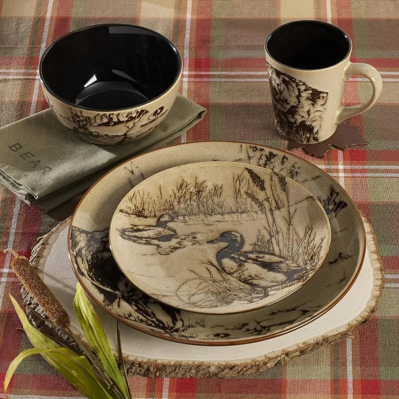 Animal Print 16pc Dinnerware Set, Black & Beige