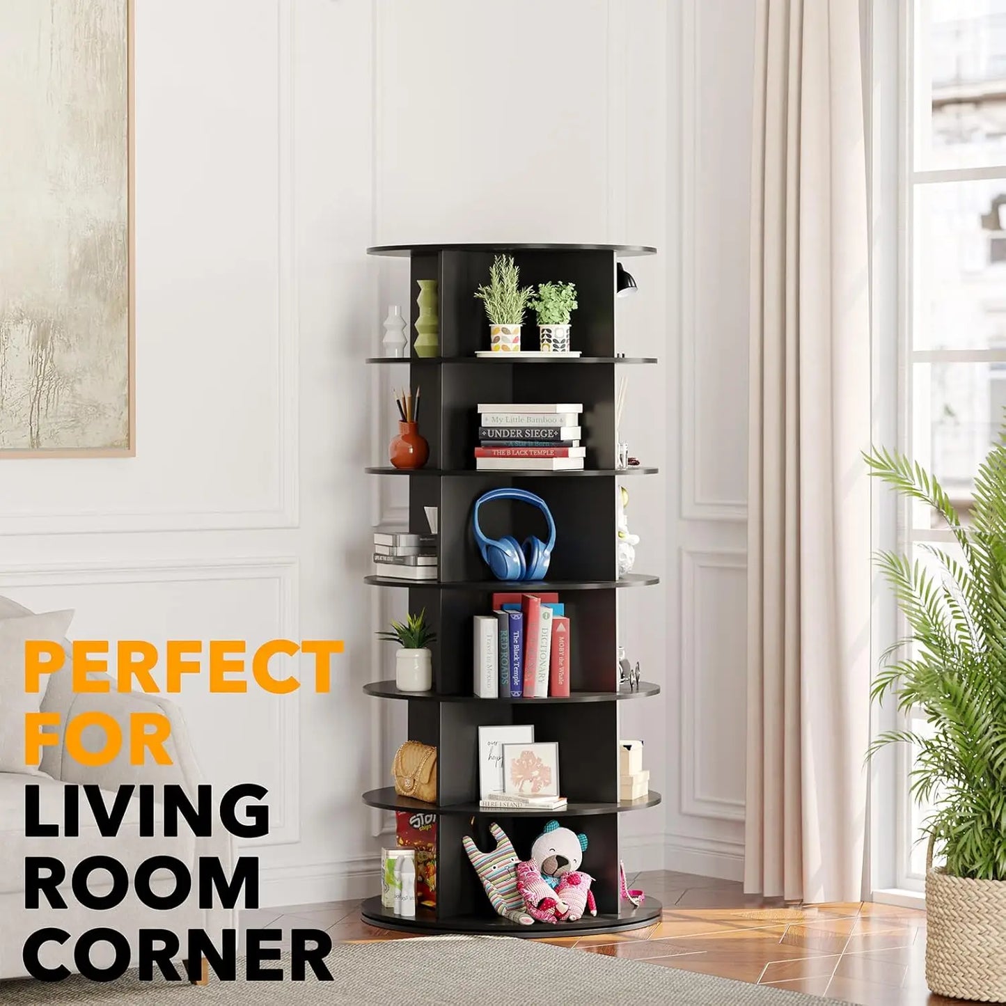 Rotating Shoe Organizer Tower 6-Tier, Space-Saving Vertical Handbag Display, Living Room Spinning Display Case