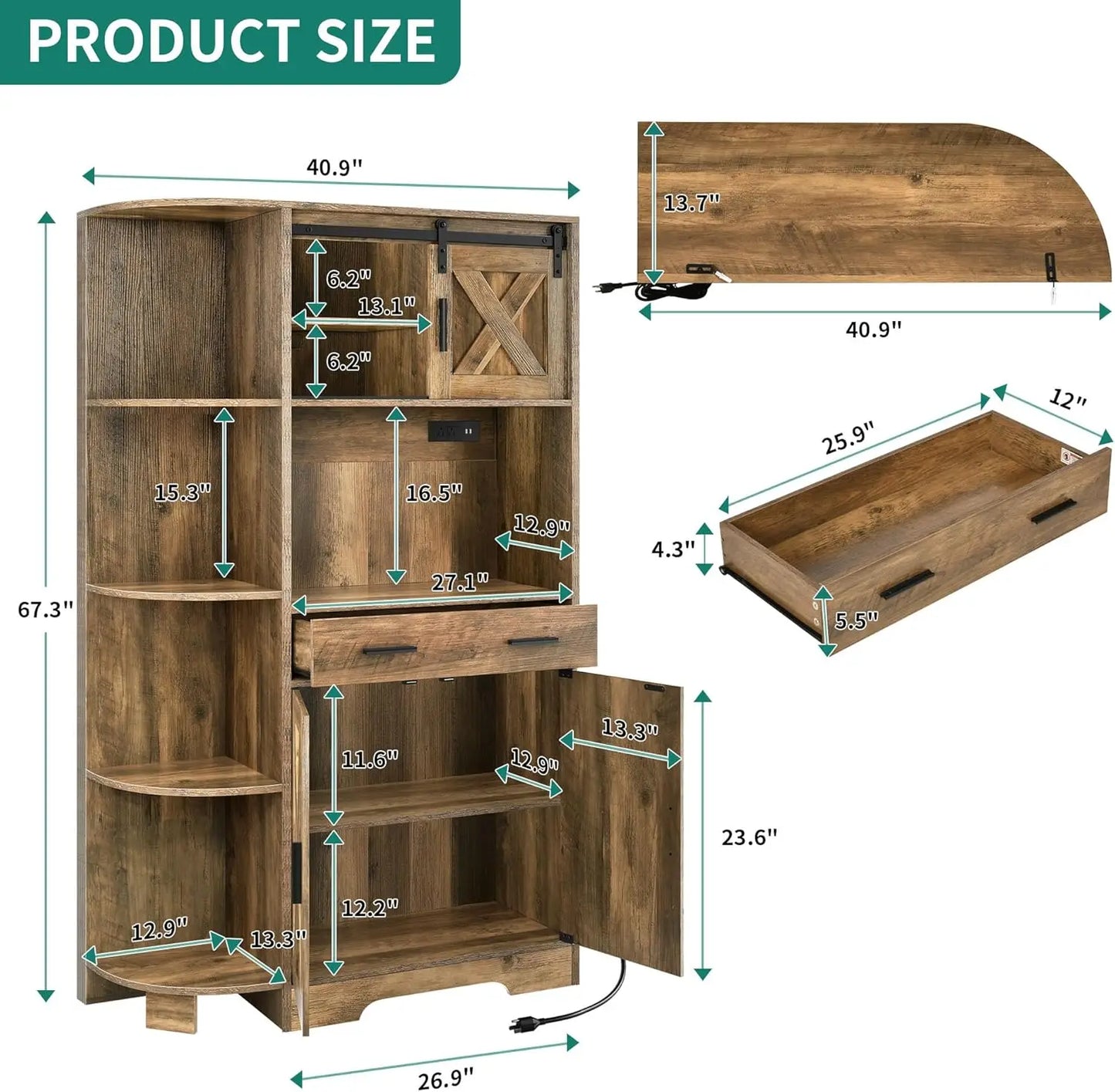 Kitchen Microwave Cabinet with Display Shelves, Large Drawer, Sliding Barn Door, Power Strip ＆ 2 Door Cabinet with Adjustable Shelf