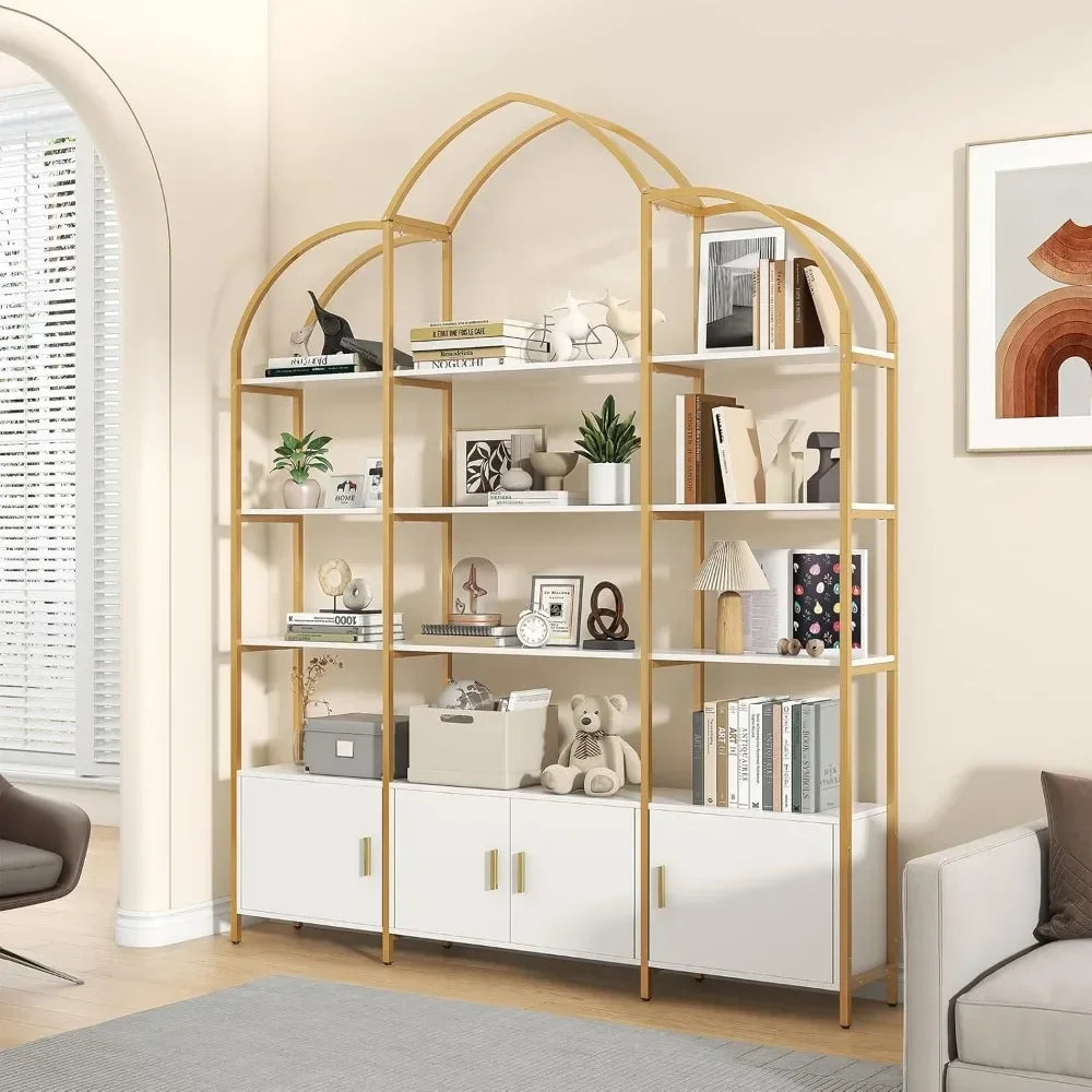 Arched Triple Wide 4-Tier Large Open Bookshelf with 3 Door Enclosed Cabinets, Crafted from Heavy Duty Black or Gold Finished Steel