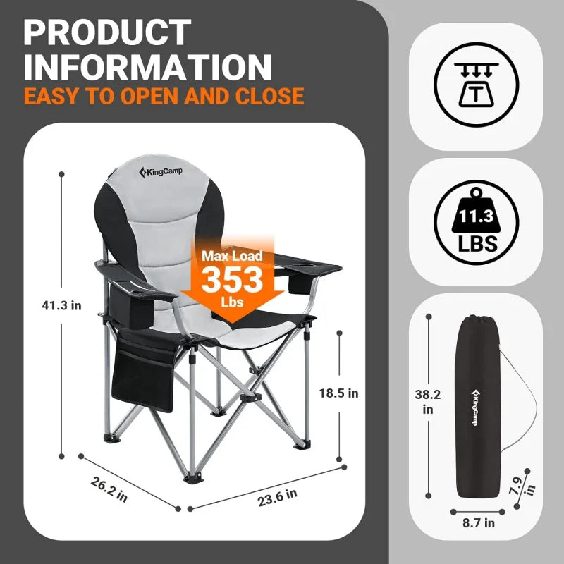 Lumbar Support Foldable Camping Chair with Adjustable Armrest & 4 Storage Pockets, 2pcs