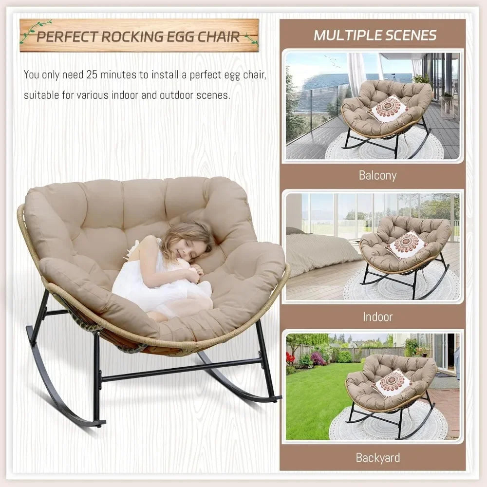 Oversized PE Rattan Rocking Lounge Chair with 18" Seat Depth & All Weather Fabric Padded Cushions