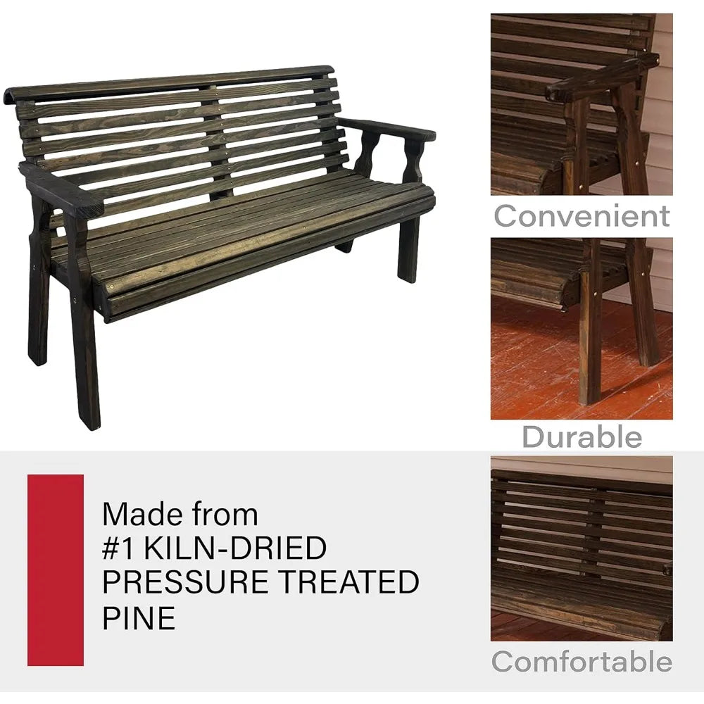 Heavy Duty 4'  Roll Back Outdoor Bench in Dark Walnut Stain, Kiln-Dried Pressure Treated Pine for Outdoor Durability