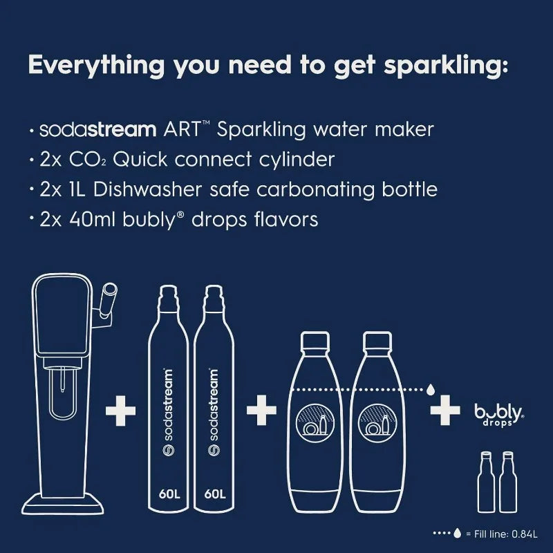 Sparkling Water Maker Bundle with 2x -60L CO2 Cylinders, 2x -1L Dishwasher Safe Carbonating Bottles & 2x -40ml Bubly Drops Flavors