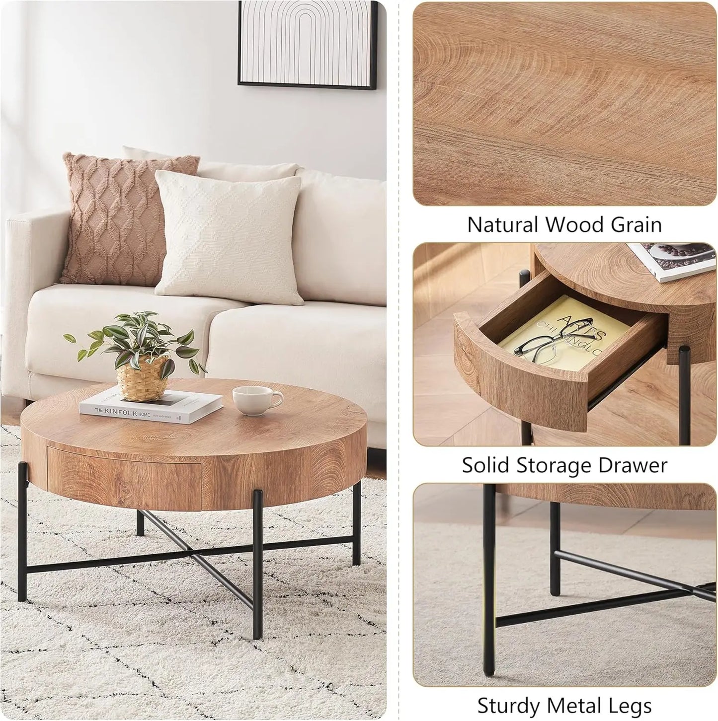 Natural Wood Grain Texture Round Coffee Table with Two Pull-Out Drawers & Metal Legs