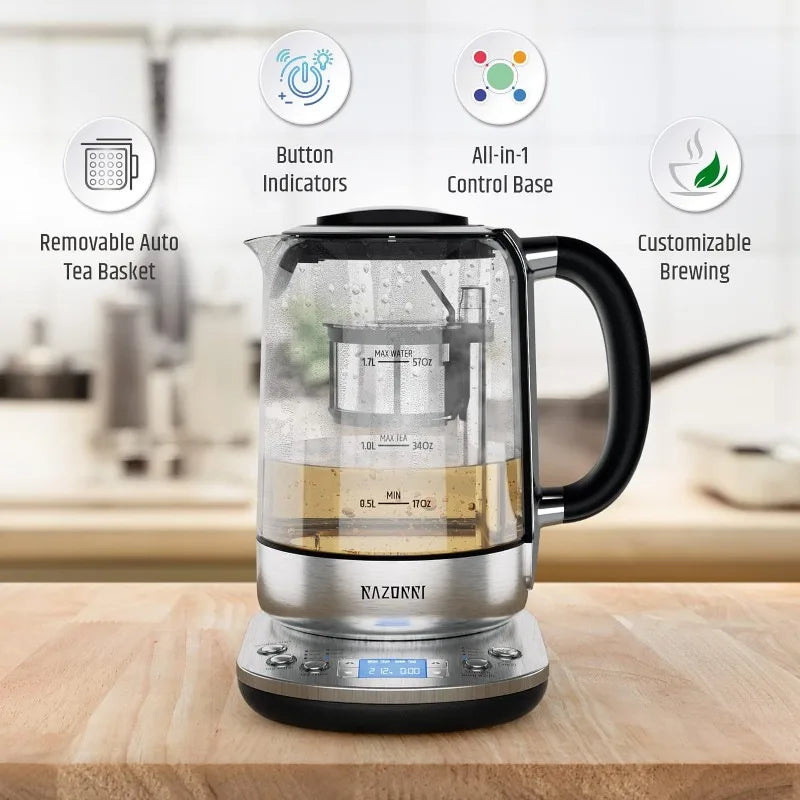 Electric Tea Maker 1.7L with Automatic Infuser Basket, Glass & Stainless Steel Kettle, 5 Temp Presets, 3 Brew Strengths