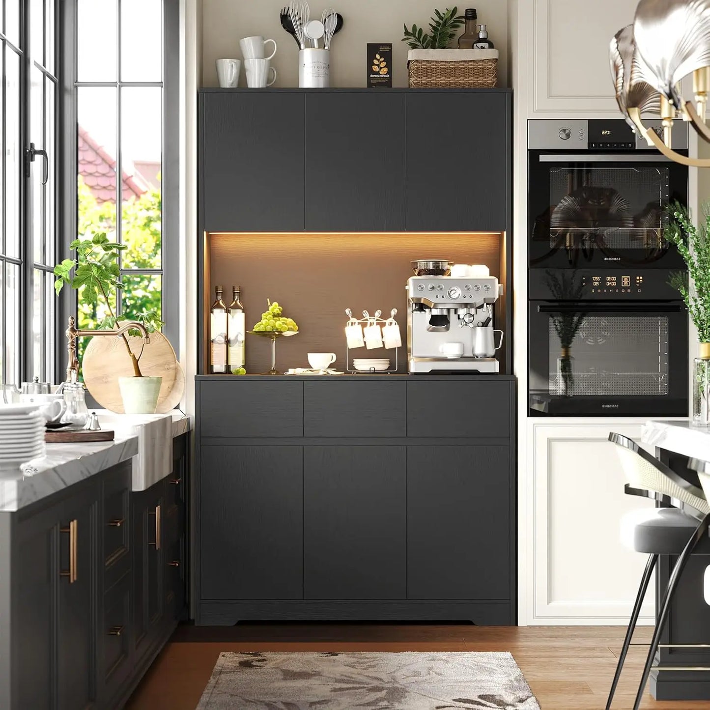 Kitchen Pantry Storage Cabinet with 4 Cabinets, 3 Drawers, Power Outlets, Led Lights & Open Countertop for a Microwave