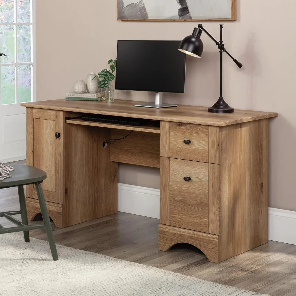 Timber Oak Finish Computer Desk with Slide-Out Keyboard Shelf, 2 Drawers & Behind the Door Computer Tower Storage