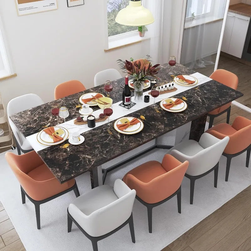 Rectangular 71" Dining Table for 4-8 People with Marble-Like Texture Tabletop, Adjustable V-Shaped Legs & Reinforced Crossbars for Stability