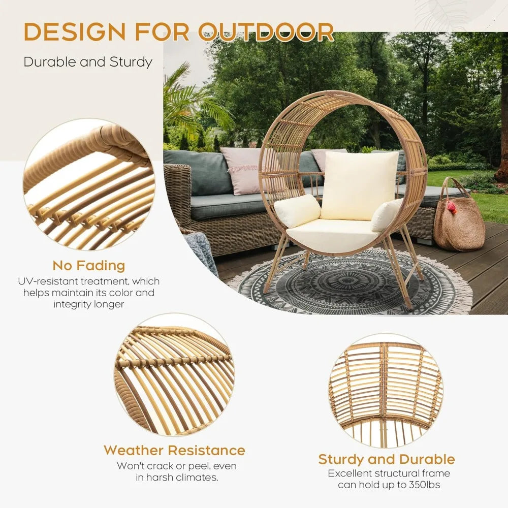 Oversized Wicker Round Egg Chair with Stand, Steel Frame, 6.69'' Fast Rebound Foam Cushions, For Indoors or Outdoors