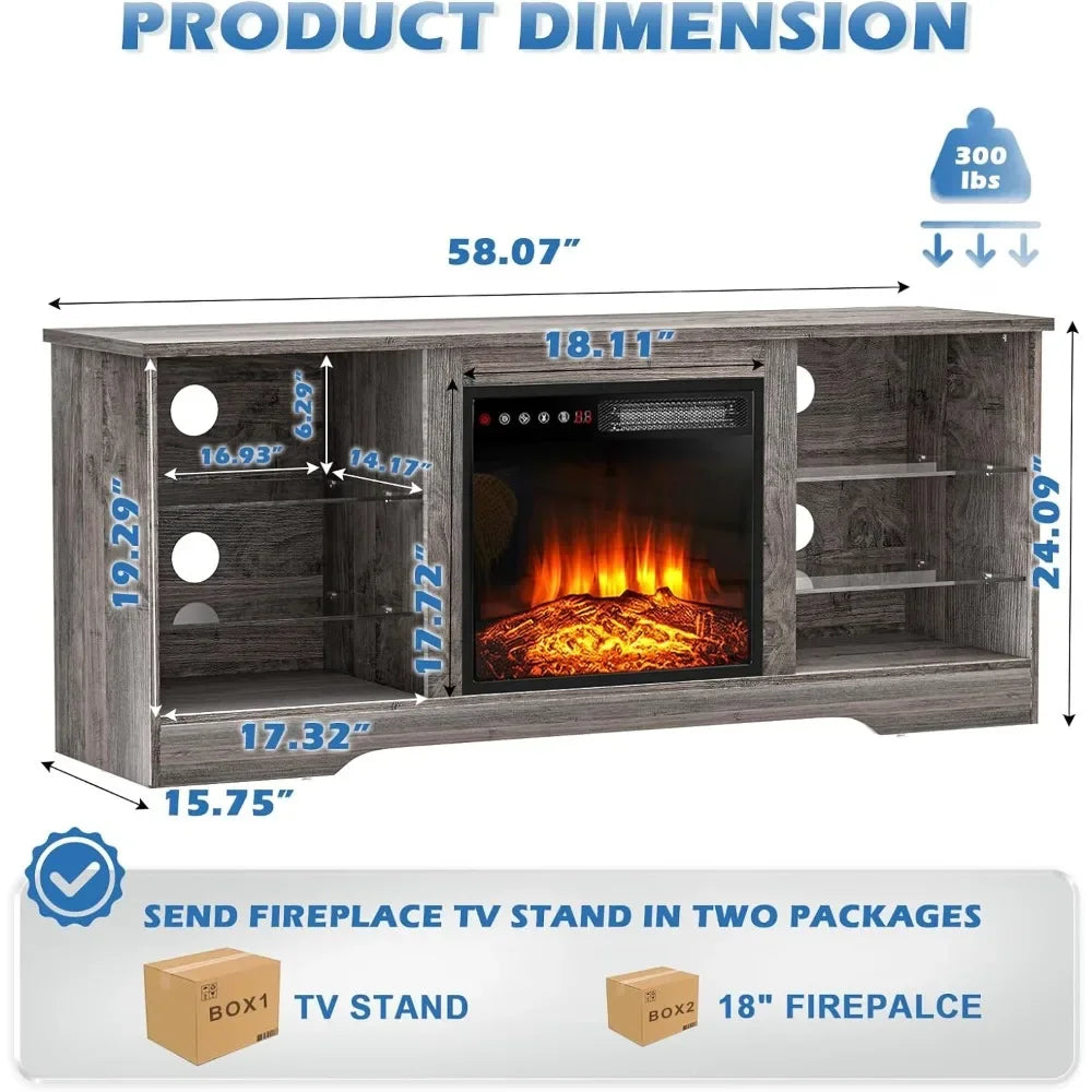 Fireplace TV Stand with 5 Flame Settings, 16 Color LED Lights, 2 Glass Door Cabinets with 2 Adjustable Shelves, Modern Entertainment Center