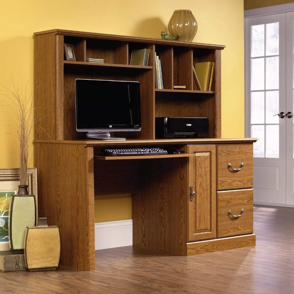 Computer Desk with Hutch, 23.5"D x 58.75"W x 57.25"H, Carolina Oak Finish